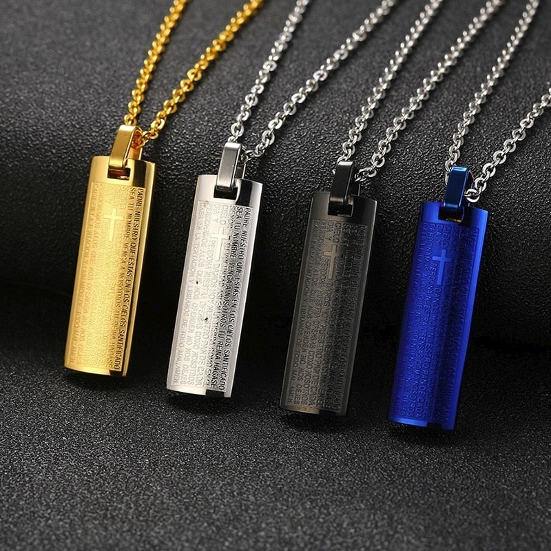 Vnox Engraved Cross Bible Pendant For Women Men Solid Stainless Steel Unisex Christ Prayer Jewelry With 20"/24" Link/Beads Chain