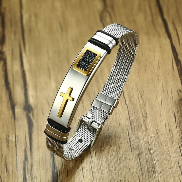 Vnox Adjustable Length Bracelet for Women Men Bangle Watch Band Design Stainless Steel Net Band Christ Cross Prayer Male Jewelry