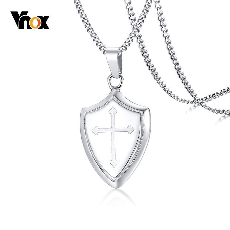 Vnox Mens Stainless Steel Shield of Faith Engraved Joshua 1:9b Armor of God Cross Pendant Necklace Prayer Accessories