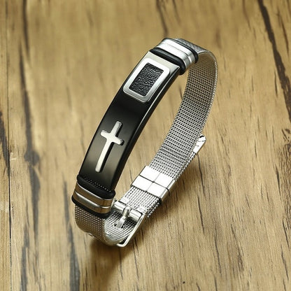 Vnox Adjustable Length Bracelet for Women Men Bangle Watch Band Design Stainless Steel Net Band Christ Cross Prayer Male Jewelry
